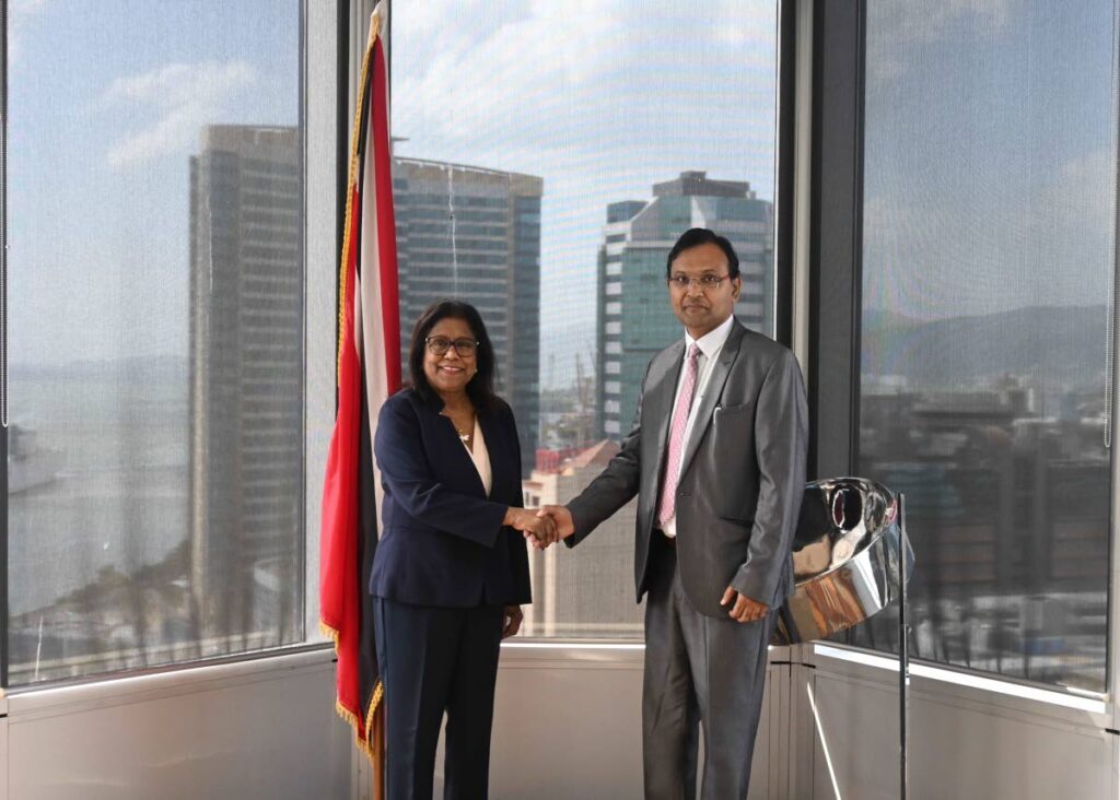 Trade Minister Paula Gopee-Scoon, left, and High Commissioner of India to Trinidad and Tobago Dr Pradeep Singh Rajpurohit, during a courtesy call at the ministry head office, Port of Spain, on Wednesday. 
- Photo courtesy MTI 