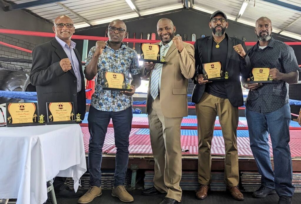 TTKBF president Bharrath Ramoutar, from left, with Hall of Famers Medford Charles, Donald Snaggs, Neil Fredericks and Kevin Jackie. - 