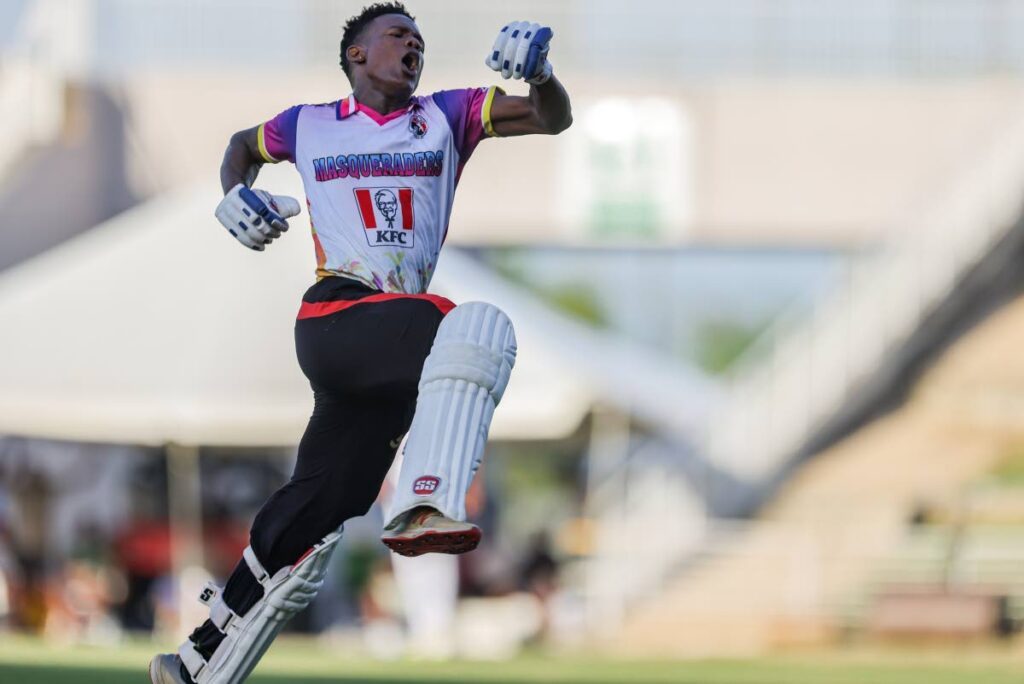 North/ Tobago Masqueraders batsman Eric Garcia celebrates after hitting the winning runs against Central/ South West Flamingos, during the final of the TTCB Under-23 Cup, on Saturday, at the Brian Lara Cricket Academy, Tarouba. - Photo by Daniel Prentice