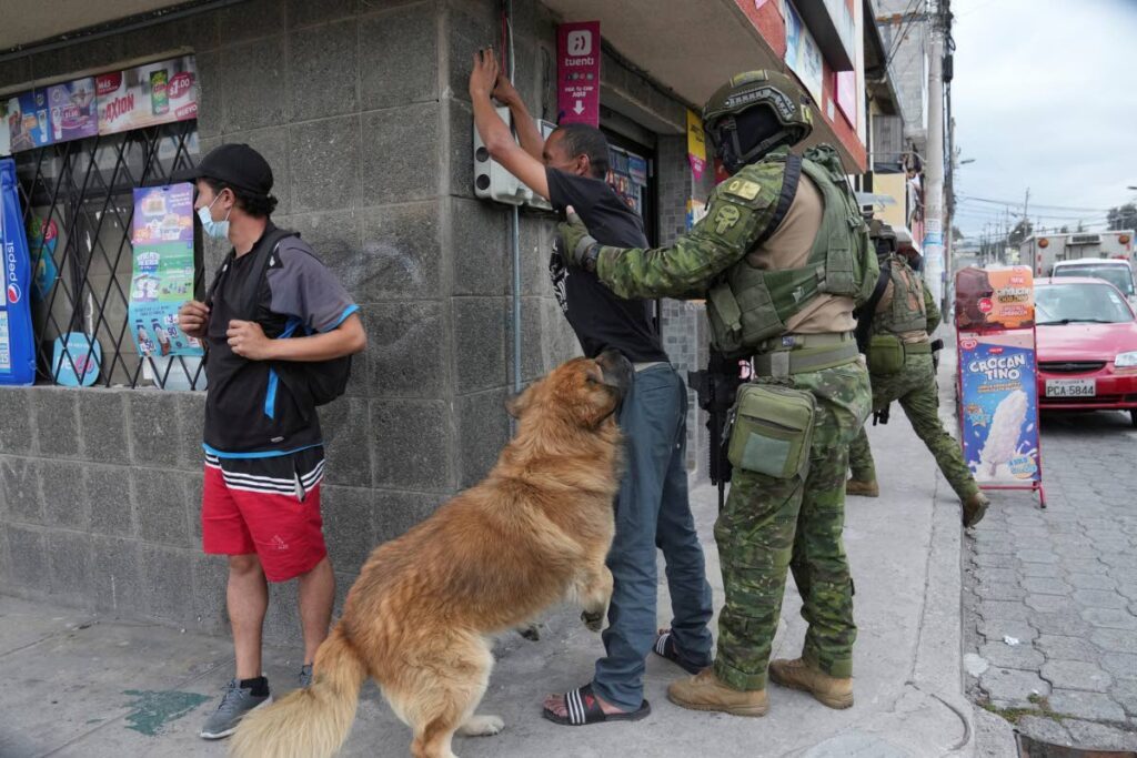 Soldiers stop a pedestrian to search for weapons as the man's dog jumps around, during military patrols in residential areas of northern Quito, Ecuador, on January11. AP PHOTO - 