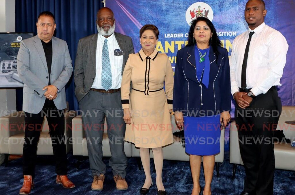 (L-R): Former Police Commissioner Gary Griffith, Forensic Pathologist Hubert Daisley, Opposition Leader Kamla Persad-Bissessar, political scientist Dr Indira Rampersad and retired coast Guard officer Rene Rodriguez at an Anti-crime Town Hall meeting held by the UNC at the La Joya Complex, St Joseph on Monday. - Photo by Angelo Marcelle