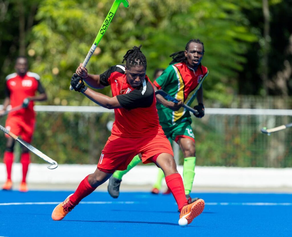 Trinidad and Tobago's Taariq Marcano gets ready to fire a shot at a recent hockey tournament.  - Photo by Rodrigo Jaramillo