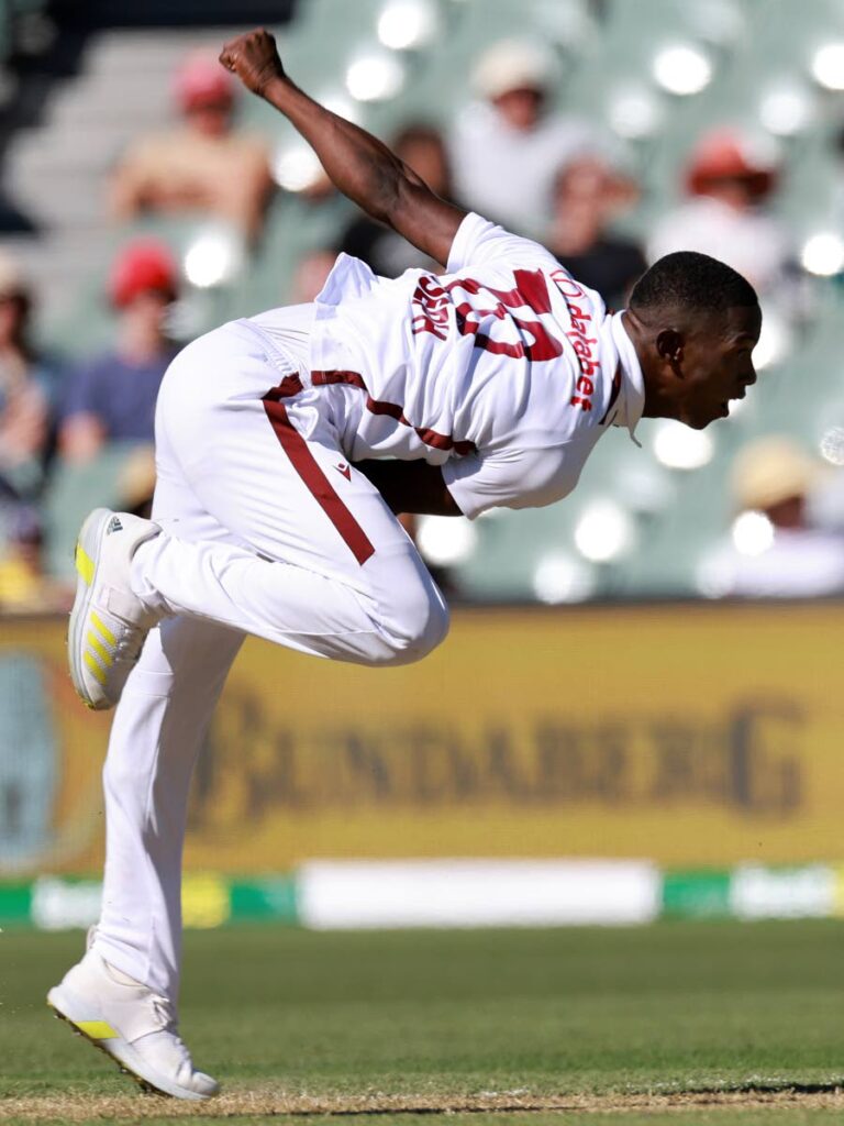 West Indies' Shamar Joseph bowls to Australia on the first day of the first Test match in Adelaide, Australia, on Wednesday. - AP PHOTO