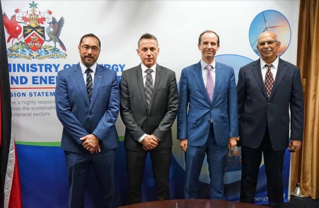 From left, Energy Minister Stuart Young, Perenco TT Ltd’s group director Eric d’Argentre, general manager Gregoire de Courcelles, and Perenco’s business advisor Allan Russell at the ministry’s head office in the International Waterfront Centre, Port of Spain on Wednesday.  
 - Photo courtesy Ministry of Energy