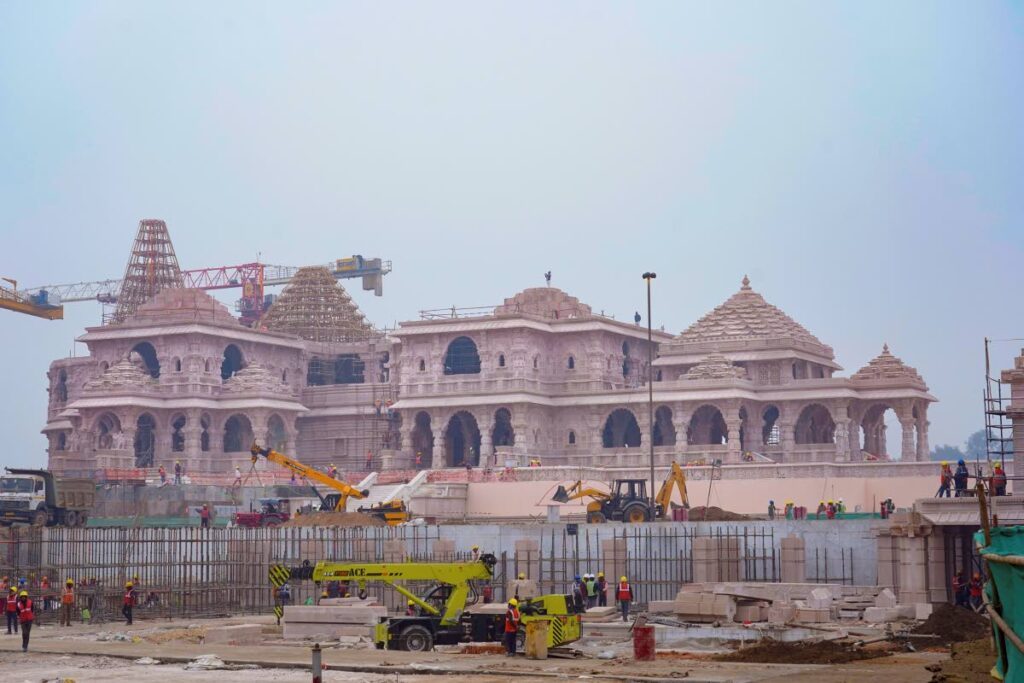 A construction crew works on Ram Mandir, a Hindu temple dedicated to Lord Ram in Ayodhya, India on January 16. Frenzied preparations are underway to mark the opening of the grand temple for the Lord Rama, Hinduism's most revered deities, culminating a decades-long Hindu nationalist pledge. (AP Photo) - 