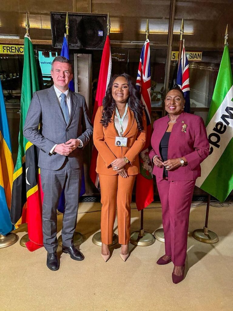 Minister of Sport and Community Development Shamfa Cudjoe-Lewis, middle, along with Jamaica Minister of Culture, Gender, Entertainment and Sport, Olivia Grange and president of the World Anti-Doping Agency Witold Banka. - 