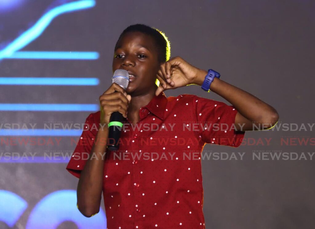 Kairon Griffith performs Show More Love during the TUCO First Citizen's Junior Calypso monarch semifinals at Kaiso House, Queen's Park Savannah, Port of Spain on Saturday. - Ayanna Kinsale