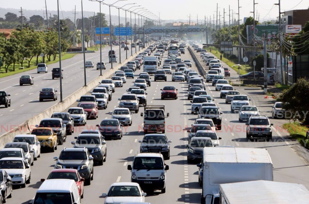 Backed-up traffic on the Churchill Roosevelt Highway, Valsayn caused was caused by a fatal accident on the Beetham Highway. - Photo by Ayanna Kinsale