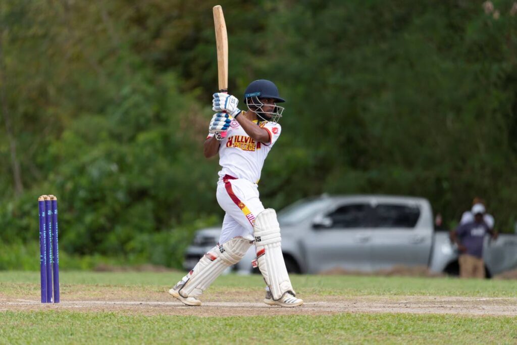 Hillview College batsman Andre Suglal plays a shot during the SSCL Premiership Round Two match, on January 23, at Honeymoon Park, Tunapuna.  - Photo by Dennis Allen for @TTGameplan