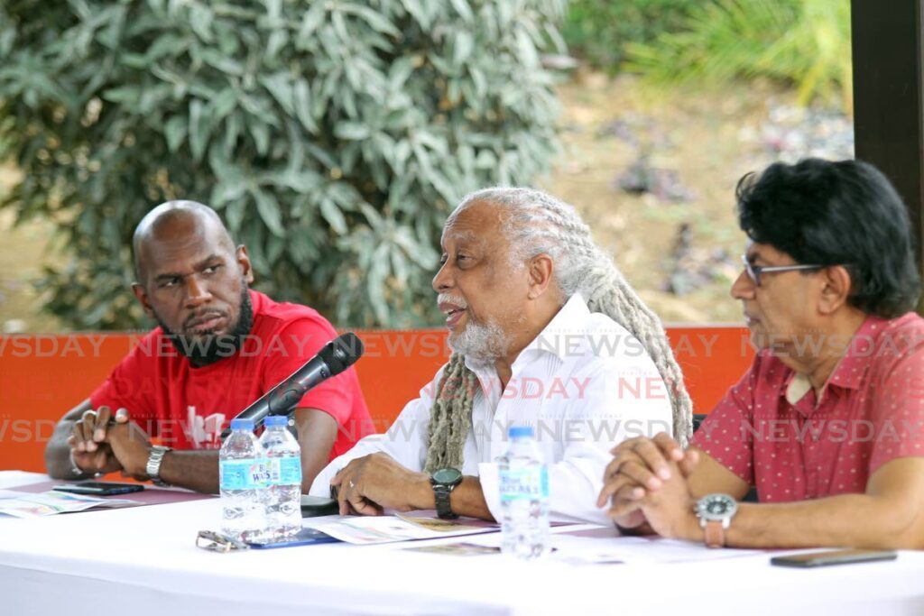 Marlon De Bique, CEO of Naparima Bowl, left, Dawad Philip, director of the musical play, Sunday with the Warlord, Lord Blakie in Brooklyn, and councillor Ryaad Hosein during a press conference on January 25 at the Bowl in San Fernando - Photo by Lincoln Holder 