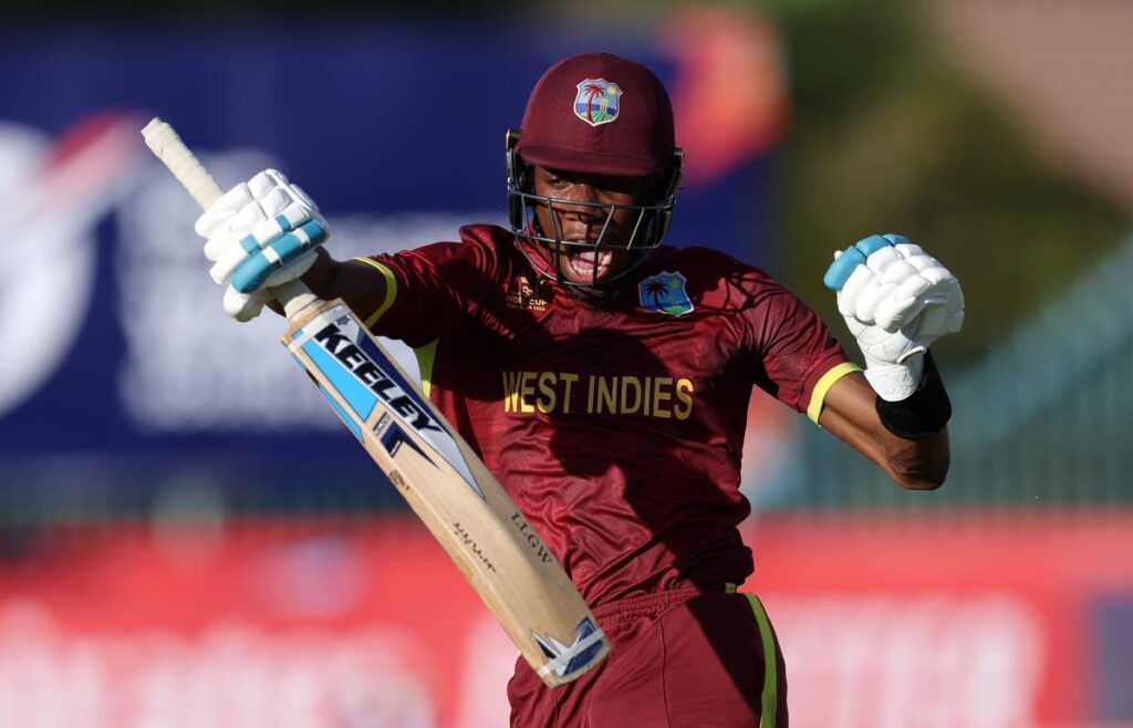 Tarrique Edward celebrates after the West Indies Under-19s beat Sri Lanka on Tuesday in the World Cup. - 