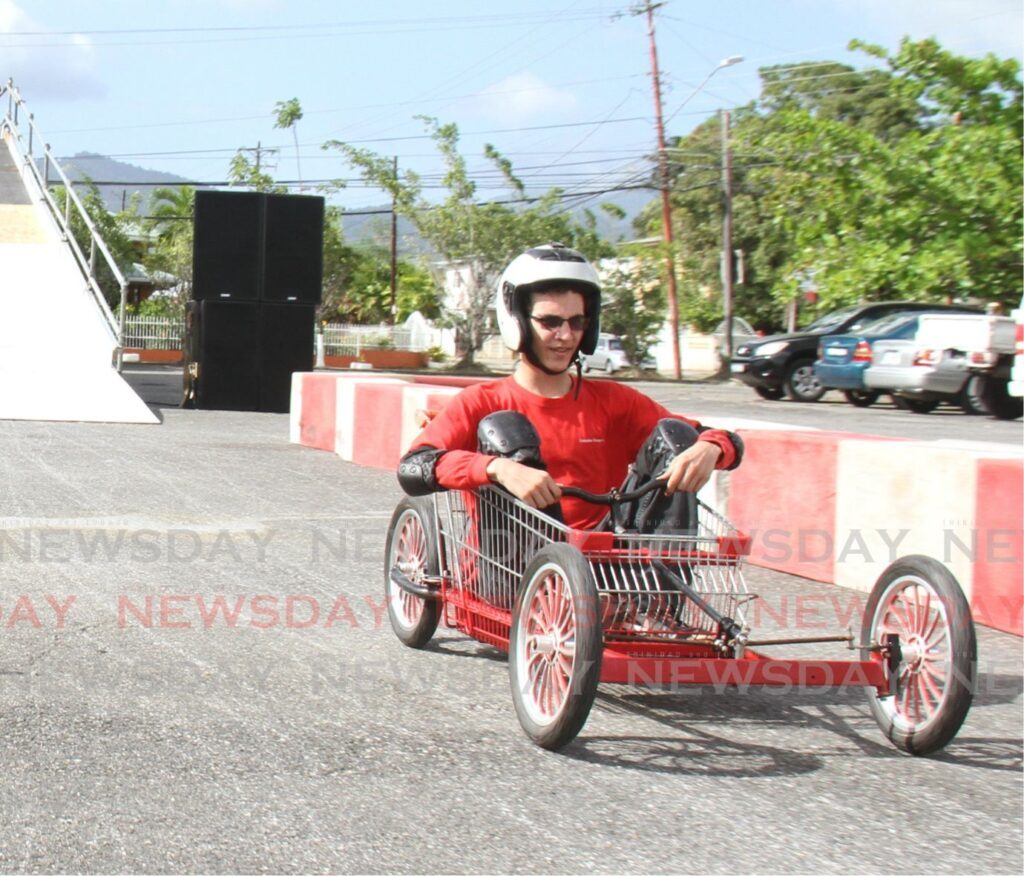 An adventurous young driver during his Box Cart gravity race, at the Larry Gomes Stadium carpark. - File photo by Angelo Marcelle