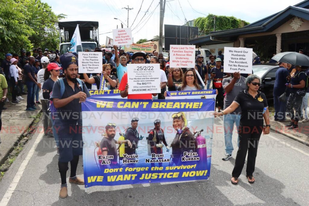 Relatives of the four Paria divers who died in a pipeline in 2022 join trade unions for the Labour Day march, Avocat Junction, Fyzabad on June 19, 2023. Relatives and OWTU officials met with the Director of Public Prosecutions on February 9, 2024. File photo by Angelo Marcelle - 