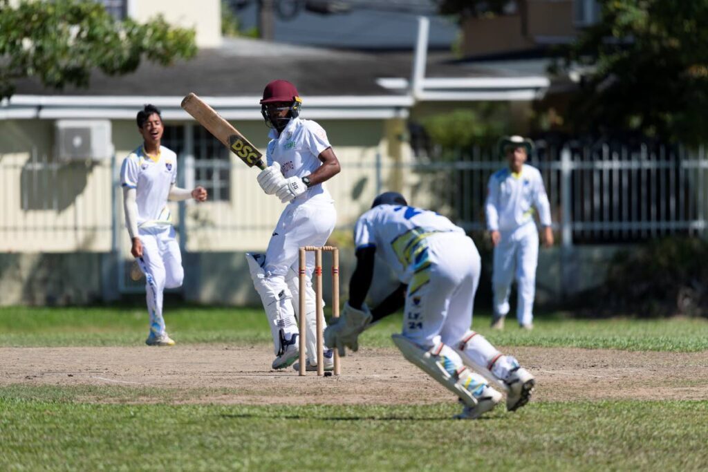 In this January 23 file photo, Presentation College Chaguanas batsman Jaden Joseph plays a shot against Fatima College during the Secondary Schools Cricket League Round Two premiership match, at Presentation College’s school grounds.  - Photo by Dennis Allen for @TTGameplan