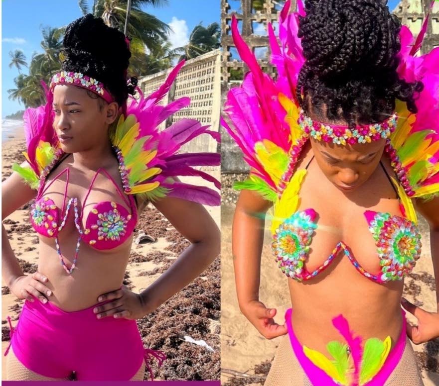 A model wearing costumes from Aisha Allsop J'Ouvert band 