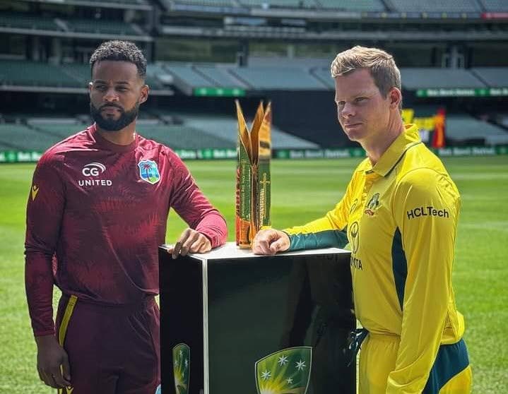 West Indies ODI captain Shai Hope (L) and Australia's stand-in captain Steve Smith, with the series trophy ahead of their three-match ODI series.  - Windies Cricket 