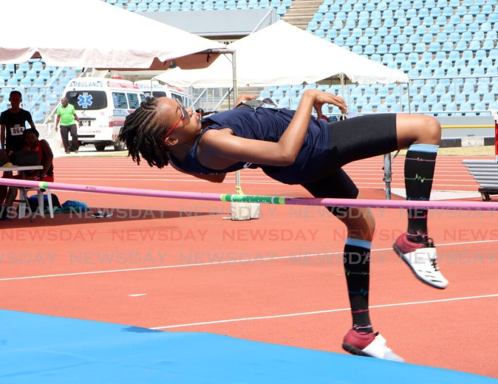 Aimee Gray of St Joseph's Convent, Port of Spain, competes in the high jump event in the pentathlon for girls 15 and over. - Angelo Marcelle