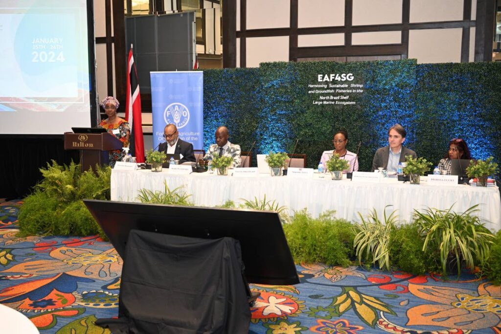 Dr Yvette Diei-Ouadi, fishery and aquaculture officer, FAO, left, addresses participants at the EAF4SG project inception workshop and first meeting of the Project Steering Committee (PSC) on January 25. 
Photo courtesy UWI FFA.