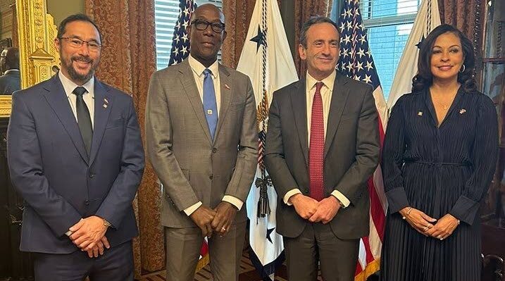 MEETING: Prime Minister Dr Keith Rowley with US Vice President Kamala Harris' National Security Advisor Dr Philip Gordon in Washington, DC on January 31. Also in photo at left is Energy Minister Stuart Young and at right, US Ambassadoe to TT Candace Bond. - Photo courtesy OPM