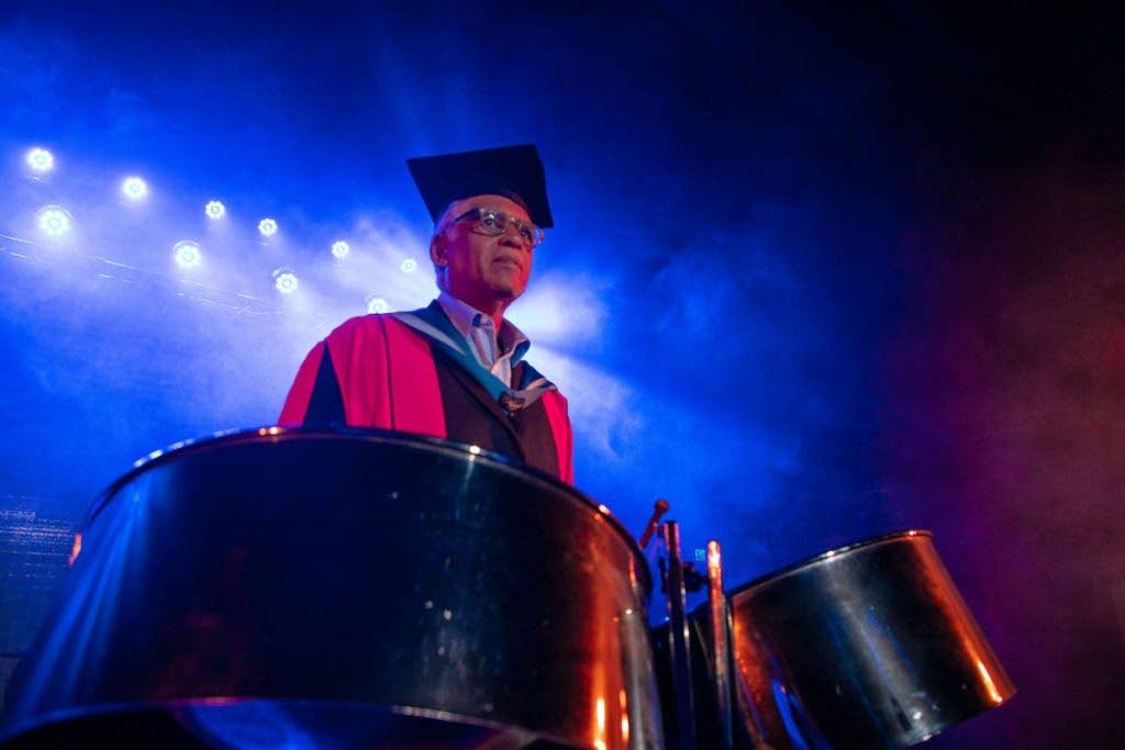 Steelpan arranger and music educator Ray Holman performs at the UWI, St Augustine campus' graduation ceremony for the Faculty of Humanities and Education where he received an honorary doctorate in October 2021. Photo courtesy the UWI - 