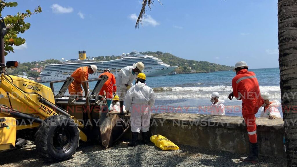 A cruise ship docks at the Scarborough port on February 11 as work is under way nearby to contain and clean up an oil spill which has affected the coastline. - Photo by Jaydn Sebro