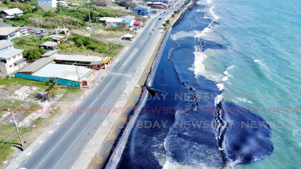 A drone photo taken on February 8 shows the extent of the damage caused to the coast of Scarborough, Tobago.  - Photo by Dayreon Mitchell
