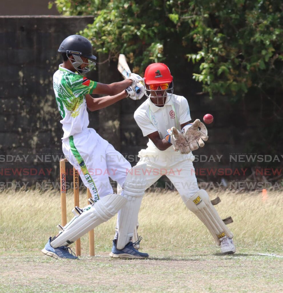 St Benedict’s College batsman Aiden Basdeo goes for four runs, in their Secondary Scoool’s Cricket League premiership match against El Dorado East Secondary, at El Dorado East on February 15.  - Angelo Marcelle