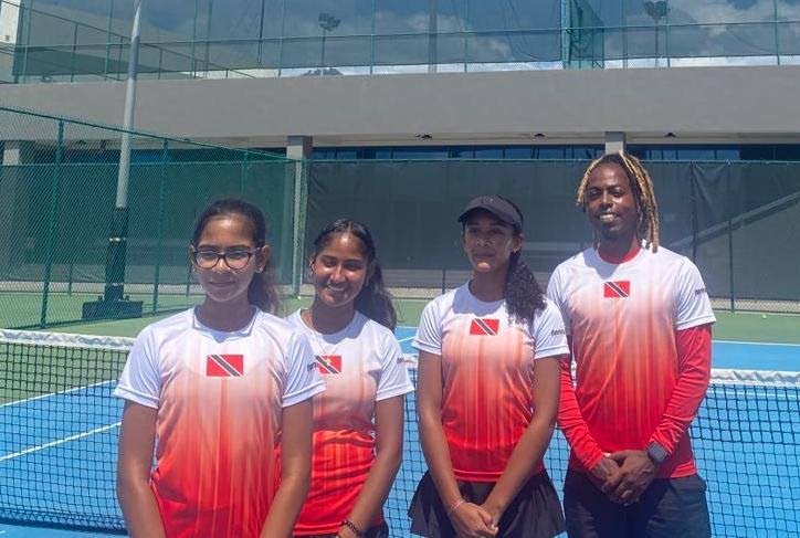 The World Junior Tennis Championships TT girls team including Cyra Ramcharan, from left, Lilly Mohammed, Madison Khan and coach Jerome Ward. - 