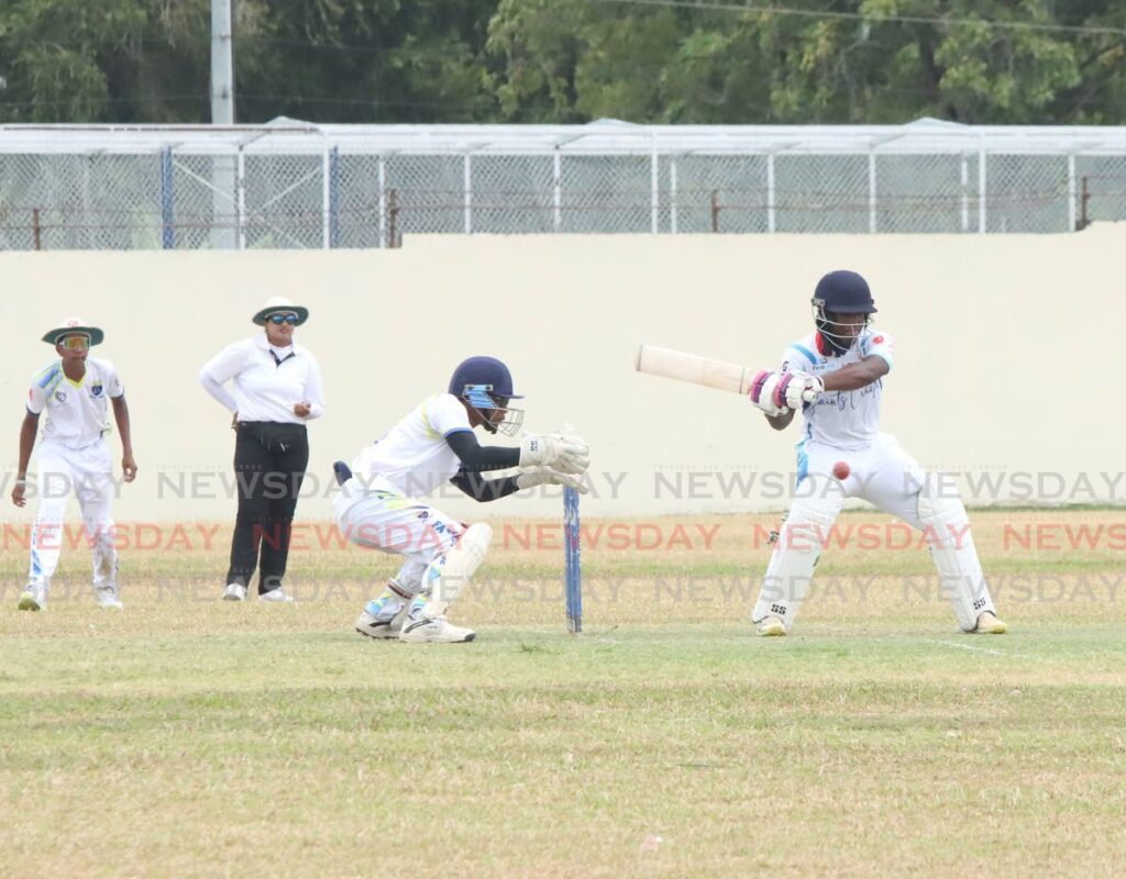 St Mary’s College’s Samir Saroop plays a shot against Fatima College during the Powergen Secondary Schools Cricket League match at Fatima Grounds, Mucurapo, on Tuesday. - Photo by Ayanna Kinsale