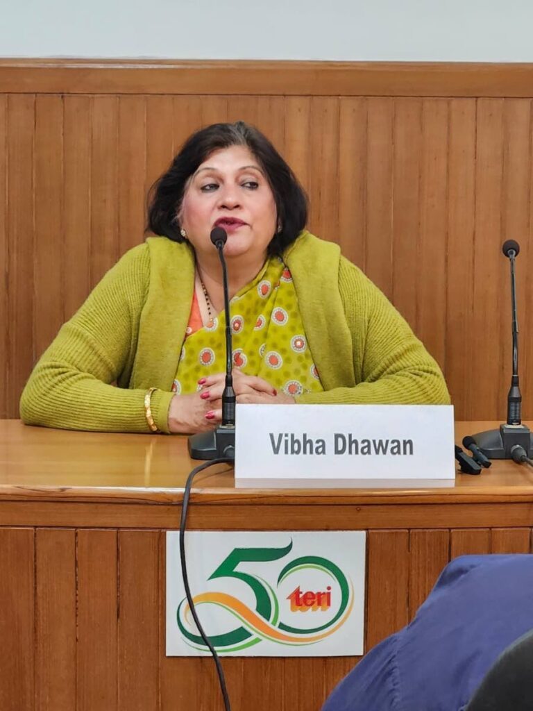 Director of The Energy and Resources Institute (TERI), Dr Vibha Dhawan, speaking to journalists from the Latin America and Caribbean region Monday in New Delhi, India. The journalists are participating in a familiarisation tour of India. - Photo by Ken Chee Hing