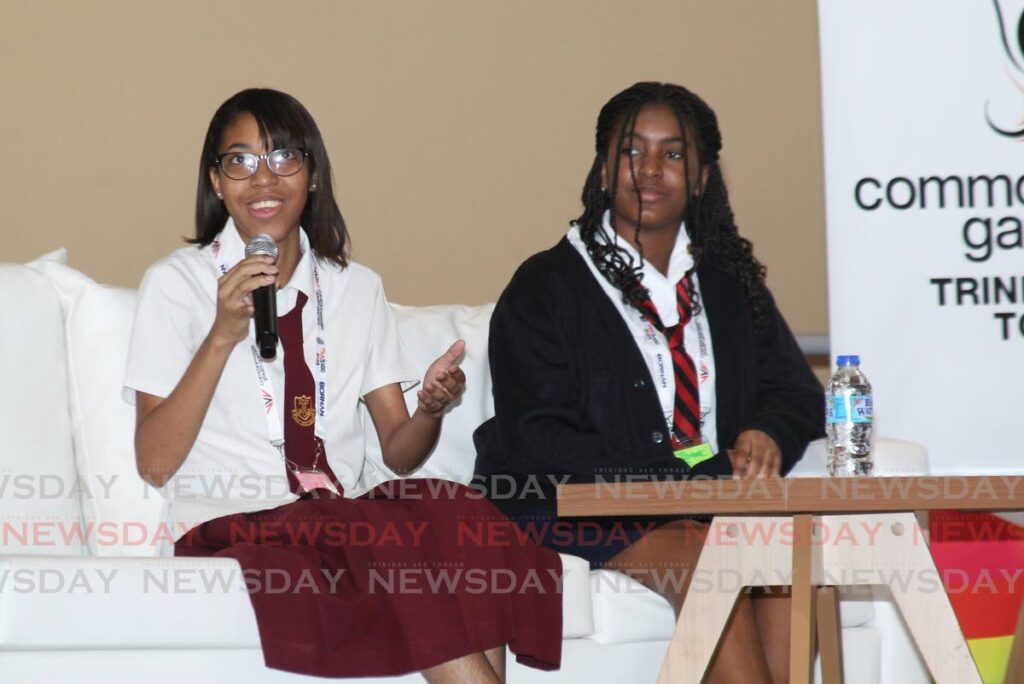 Brianna Simon, student of South East Port of Spain Secondary School, speaks on the topic of safeguarding for a panel discussion along with Kyra Lucio-Barrow of Bishop Anstey High School at An Ear for Youth Youth Voice Conference at Bishop Anstey High School, Port of Spain on February 23. - Photo by Faith Ayoung