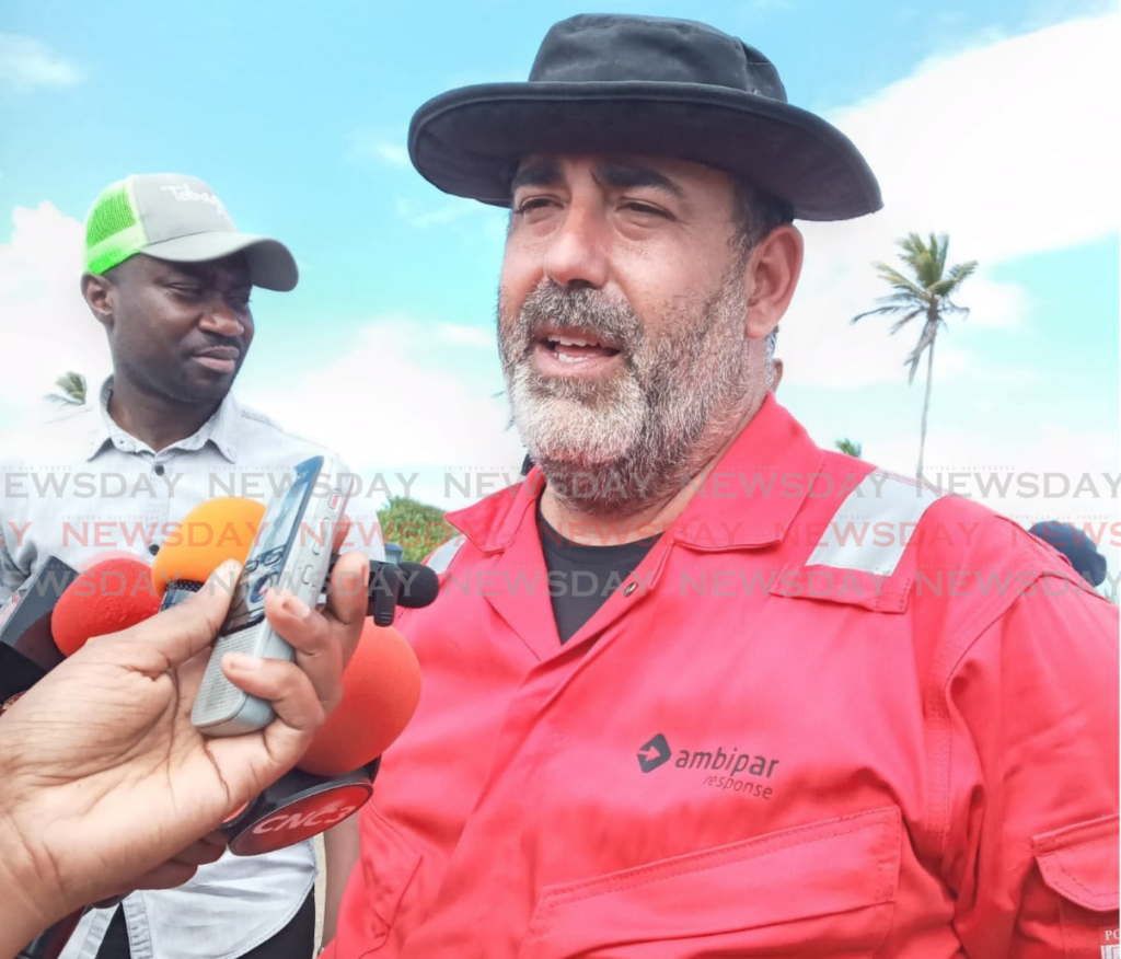 Ambipar commander Sargao Lombaa talks to the media on February 20 in Tobago. - Photo by Corey Connelly