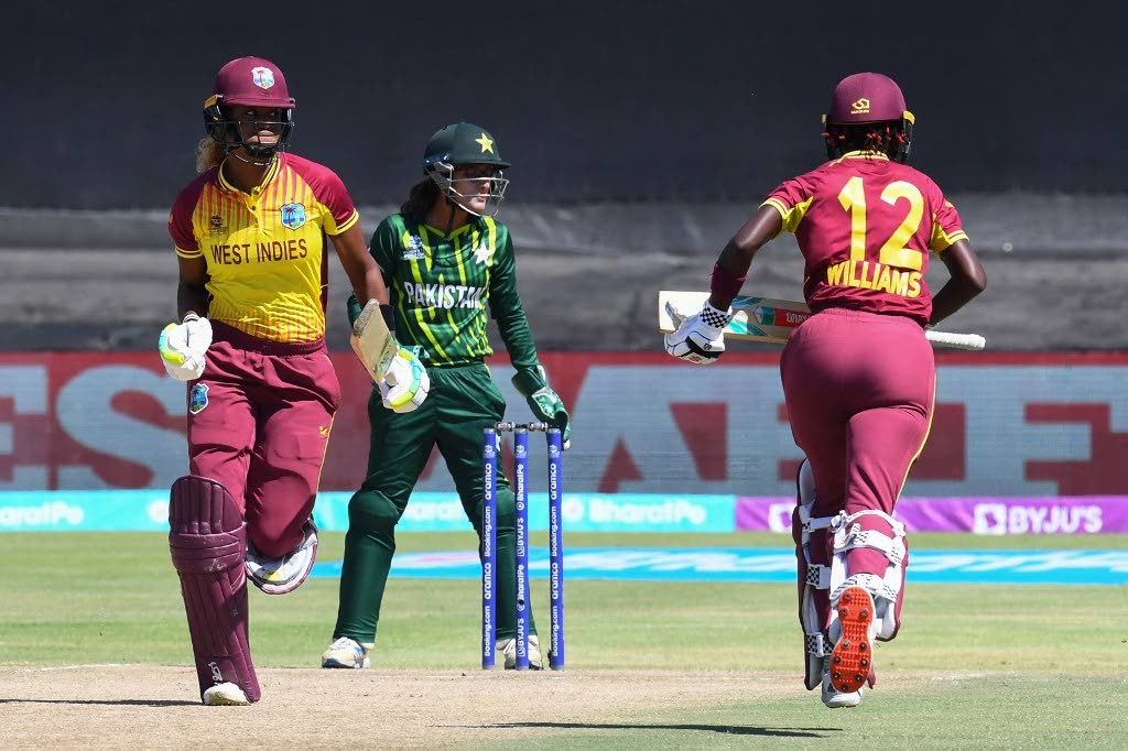 In this February 19, 2023 file photo, West Indies’ Hayley Matthews (L) and West Indies’ Rashada Williams (R) run between the wickets during the ICC Group B T20 women’s World Cup match against Pakistan at Boland Park in Paarl. - 