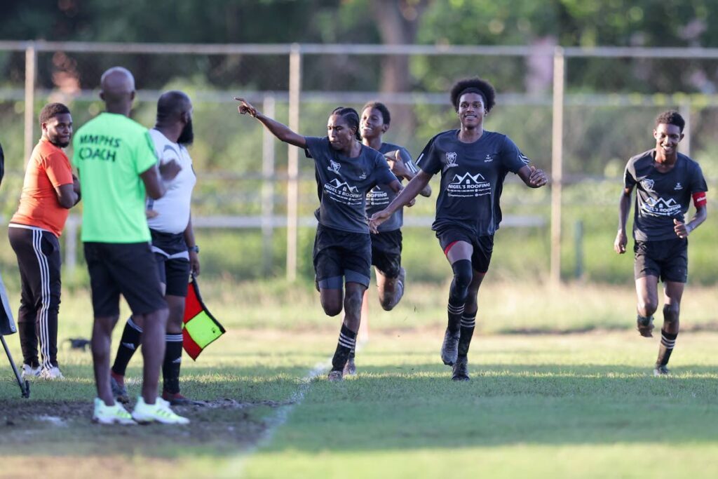 In this file photo, Miracle Ministries’ Jabari Rodriguez, second from right, celebrates his goal against Carapichaima East Secondary in the SSFL Central Zone Intercol semifinal at Edinburgh 500 ground on November 14, in Chaguanas. - Photo by Daniel Prentice
