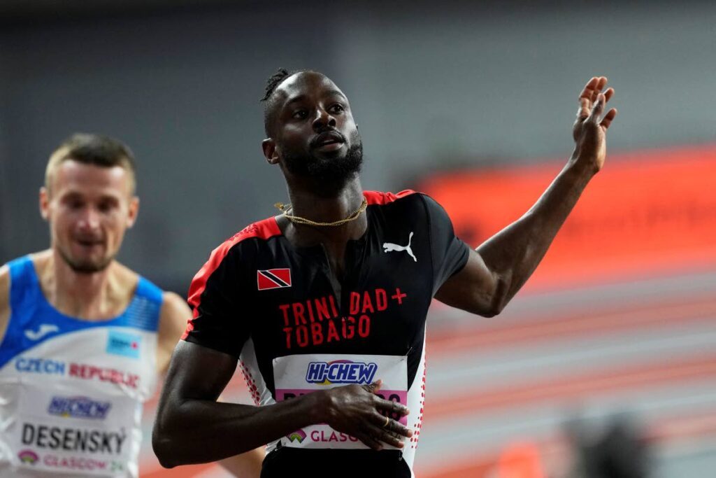 Jereem Richards, of Trinidad And Tobago, reacts after finishing a men's 400m heat during the World Athletics Indoor Championships at the Emirates Arena in Glasgow, Scotland on March 1. - AP PHOTO