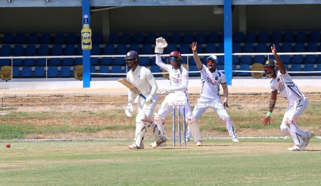 Marchin Patriots appeal for lbw against Queen's Park's Jordan Warner, during a TTCB National League premiership match at the Queen's Park Oval, Port of Spain on March 1.  - Photo by Angelo Marcelle