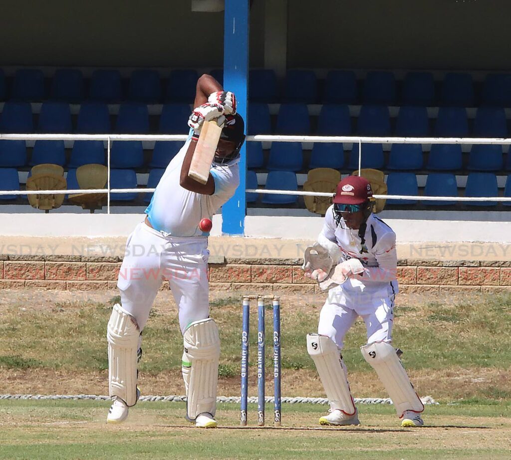 QPCC batsman Jyd Goolie plays a shot against Marchin Patriots in a TTCB National League premiership match at the Queen's Park Oval, Port of Spain on March 1. - Photo by Angelo Marcelle