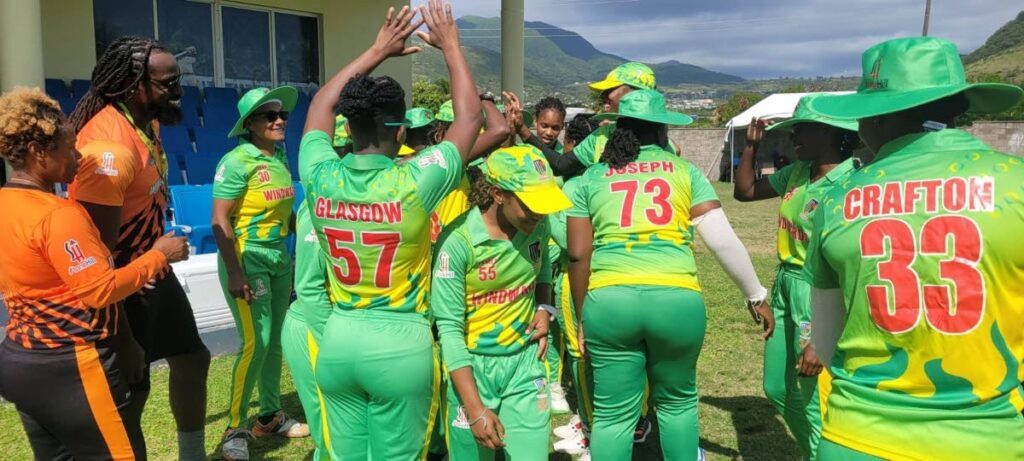Windward Islands teammates celebrate after beating the TT Red Force Divas, on March 4, in their opening CG United Super50 match, at Conaree Sports Club, St Kitts. - Photo courtesy Windwards Cricket