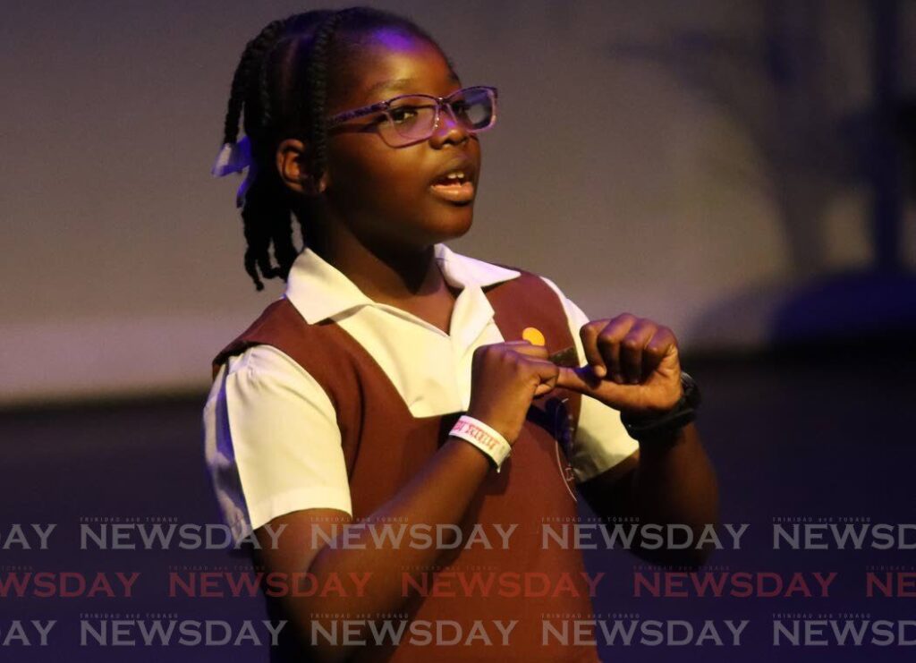 Makaylah Roberts sings On the Good Ship Lollipop in the Girls' Vocal Solo, 7-10 years semifinal, at the TT Music Festival, held at Naparima Bowl, San Fernando on March 5. - Photo by Angelo Marcelle