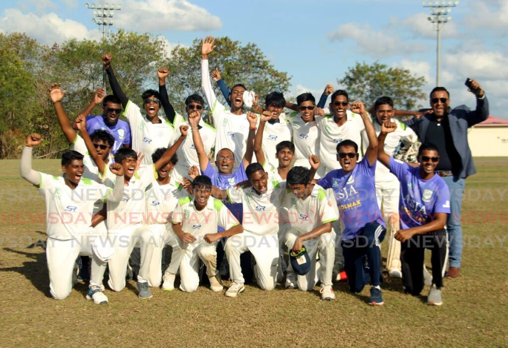 CHAMPS: 
ASJA Boys’ College celebrate their 89-run win against Toco Secondary in the Secondary Schools’ Cricket League Championship final at Honeymoon Park,
 El Dorado on March 5.  - Photo by Faith Ayoung