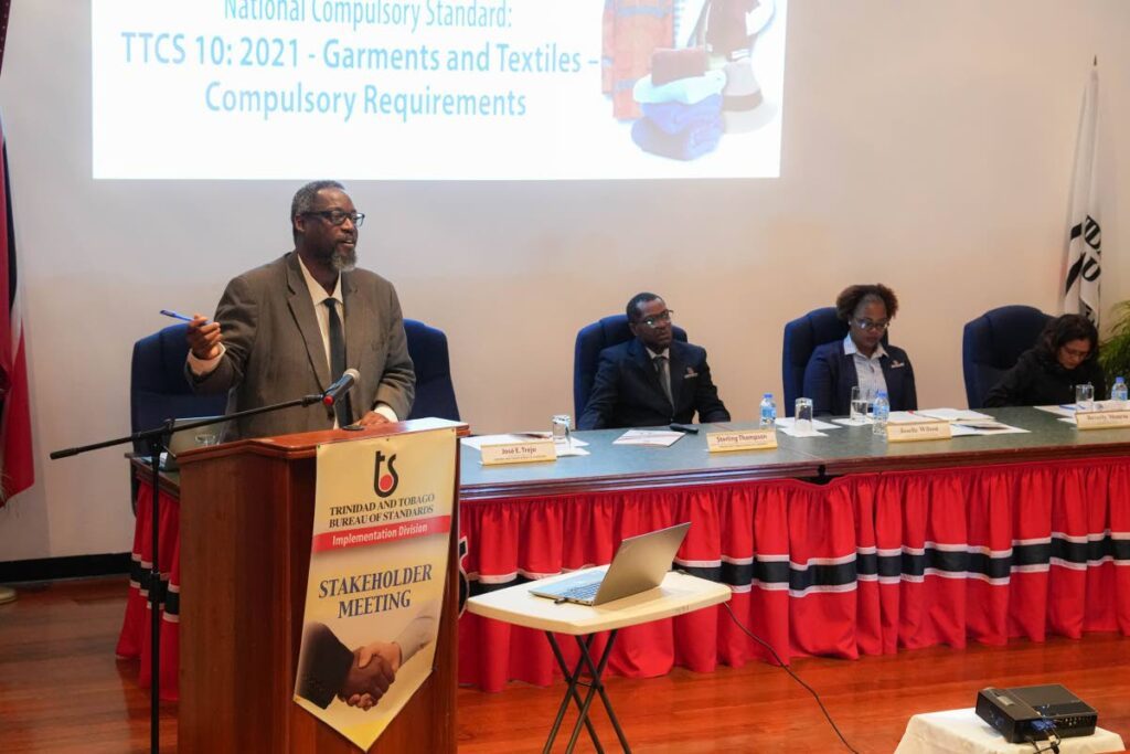 Gerard Maxwell, implementation division manager at TTBS, addresses stakeholders during the national stakeholder consultation on garments and textiles on February 29. - Photo courtesy TTBS