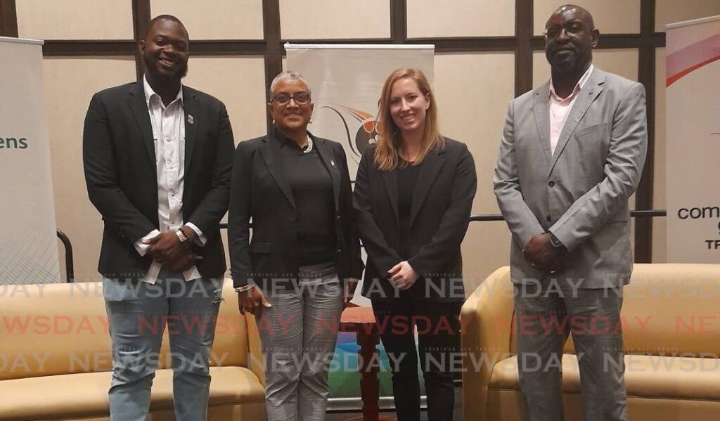 (From L-R): TEMA GIS specialist Dayreon Mitchell, TTOC president Diane Henderson, Sport Ecology Group founder Madeleine Orr and National Basketball Federation of TT president Jason Hills, at TTOC’s Sport Industry TT Conference at Hilton Trinidad on March 7.  - Photo by Roneil Walcott