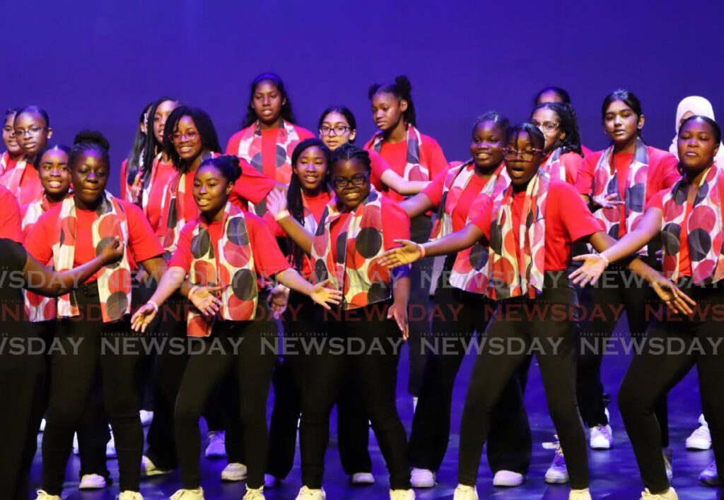 Members of the Holy Faith Convent Penal calypso choir perform Denyse Plummer's Nah Leaving at the TT Music Festival at Naparima Bowl, San Fernando on Friday. Holy Faith placed third in the competition, with 81 points. - AYANNA KINSALE