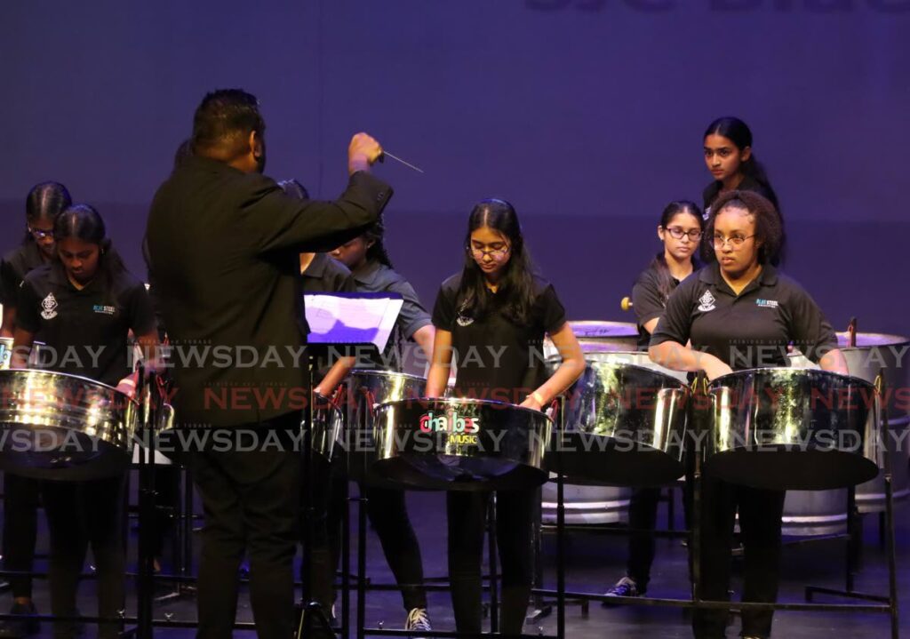 St Joseph's Convent, San Fernando, Blue Steel orchestra perform in the Junior Pan Ensemble under 19 category at the TT Music Festival at the Naparima Bowl. - Photo by Ayanna Kinsale