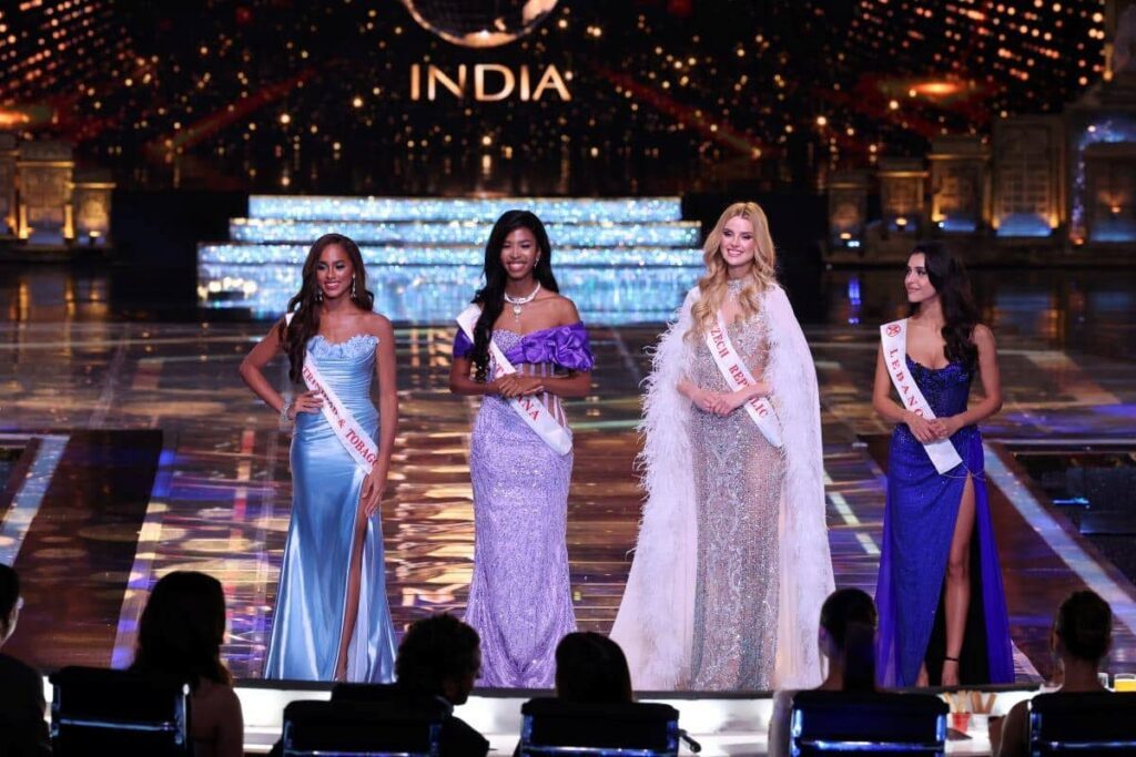 From left, Miss TT World Aché Abrahams, Lesego Chombo of Botswana, Krystyna Pyszkova of Czech Republic and Yasmina Zaytoun of Lebanon were the top four contestants and Continental Queens at the 71st Miss World pageant at the Jio World Convention Centre in Mumbai, India on Saturday. - Photo courtesy Miss World