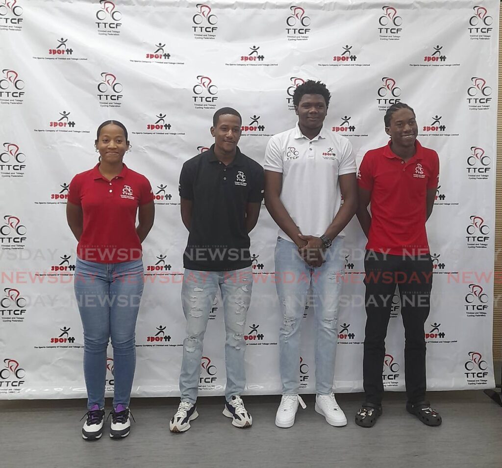 From L-R: Team TTO cyclists Alexia Wilson, Kyle Caraby, Dannel James and Tariq Woods attend the launch of the TT Cycling Federation's Easter Grand Prix at the National Cycling Centre, Couva on Monday.  - Roneil Walcott