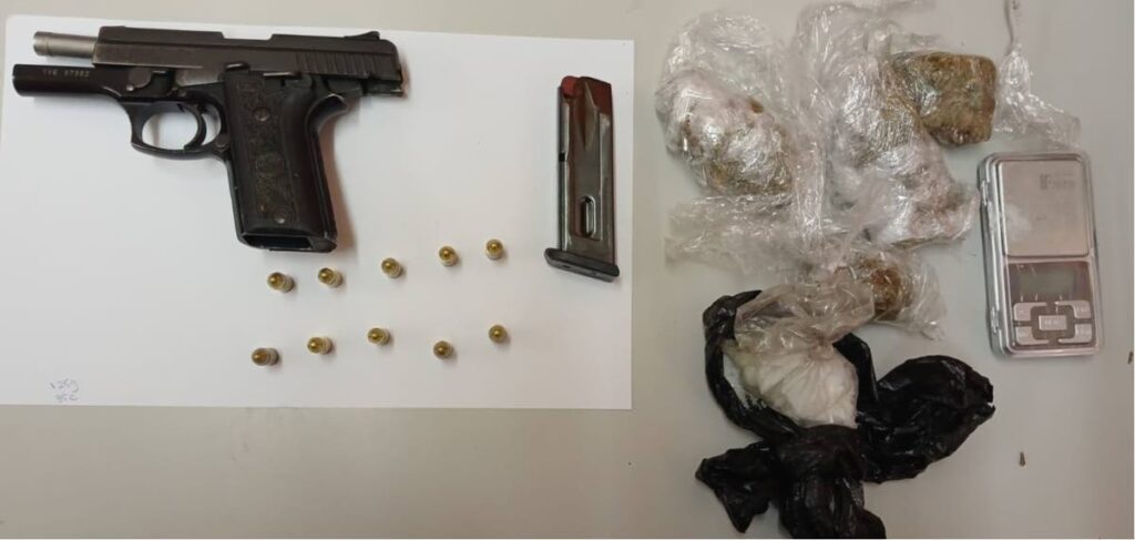 A gun, ammunition and marijuana seized by police in various exercises over the weekend. - Photo courtesy TTPS