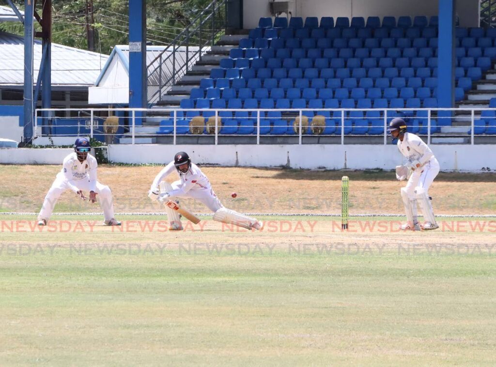 Red Force batsman Amir Jangoo plays a shot against Barbados Pride during the West Indies Four-Day Championship match, on March 20, at the Queen’s Park Oval, St Clair. - Photo by Ayanna Kinsale