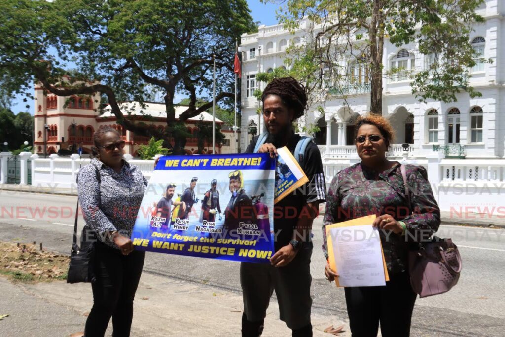 Vanessa Kussie, right, Annisa Kurban and Kevin Lalchan, representing the families of the four men who died in the Paria diving tragedy on February 25, 2022, speak to the media before delivering a letter to the Prime Minister requesting a meeting at the Office of the Prime Minister, Whitehall, Port of Spain, on March 21. - Photo by Roger Jacob