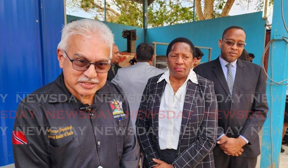 From left: Health Minister Terrence Deyalsingh, Planning and Development Minister Pennelope Beckles and South-West Regional Health Authority CEO Dr Brian Amour speak to the media at the San Fernando Teaching Hospital on March 25. - Photo by Laurel Williams 